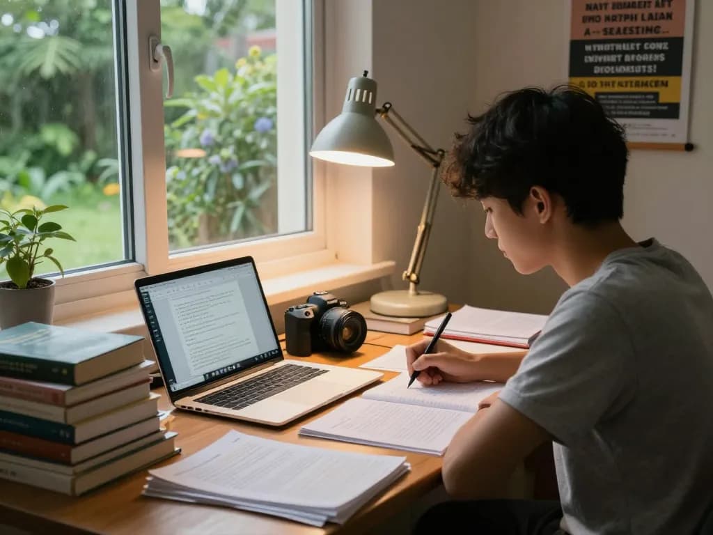 Student verwendet die Hausaufgaben Löser Software in einer gemütlichen Lernumgebung, umgeben von Büchern und Notizen.