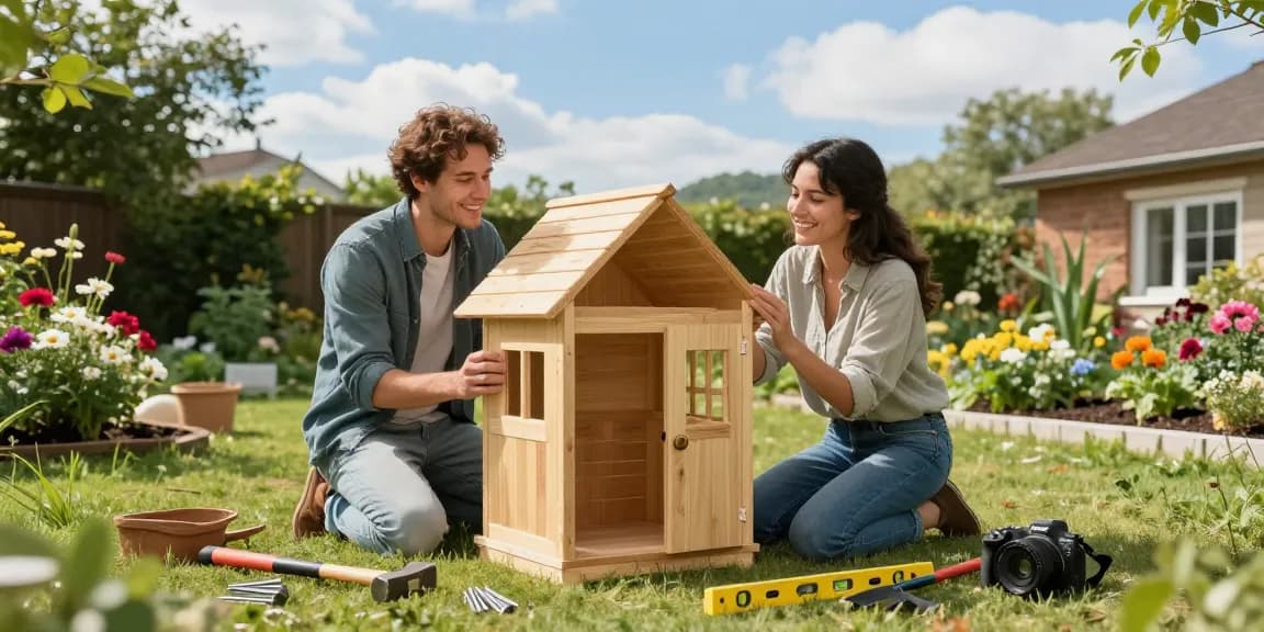 Gartenhaus kaufen: Paar arbeitet gemeinsam an einem Holz-Gartenhaus im blühenden Garten, umgeben von Werkzeugen.