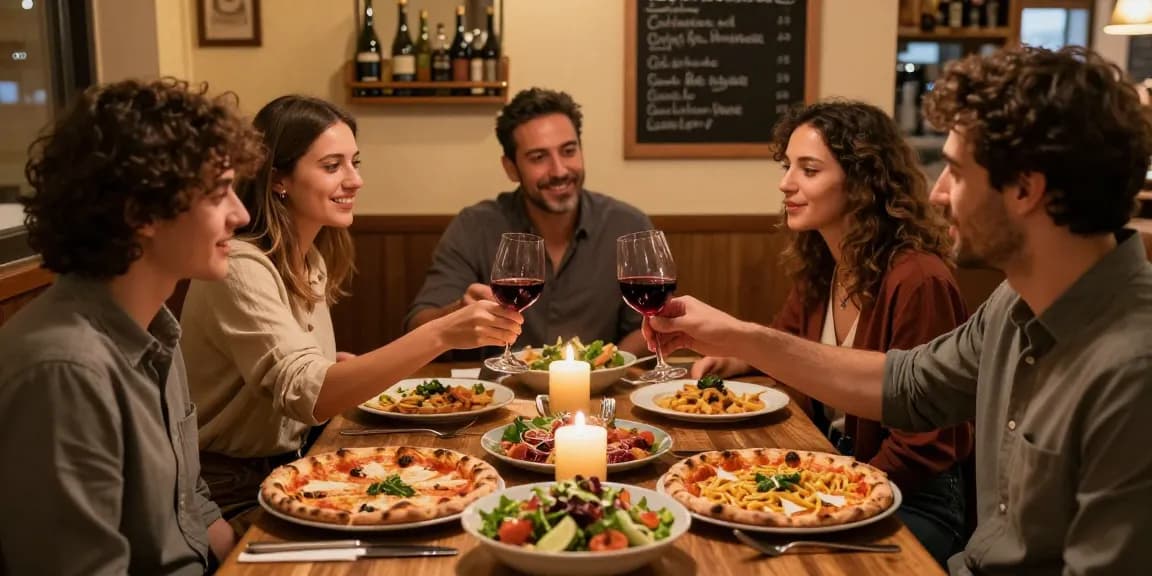 Group enjoying pg soft pizza at a cozy Italian restaurant