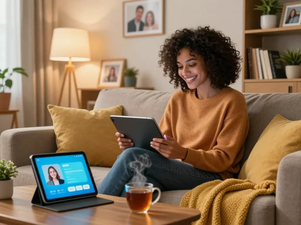 Engaging with girlfriend AI in a cozy living room setting, showcasing emotional connection with technology.