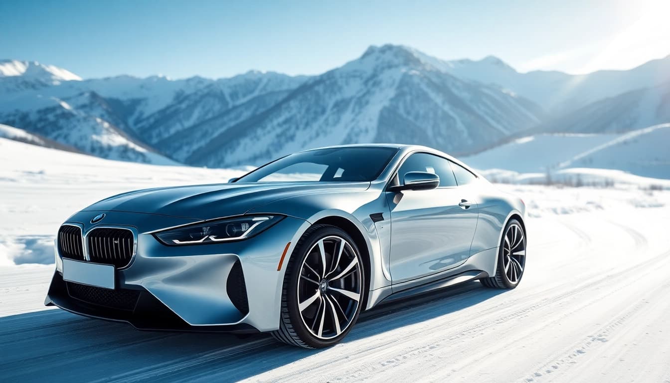 Auto Kufen im Test: Fahren mit besten Winterreifen auf schneebedeckter Straße.