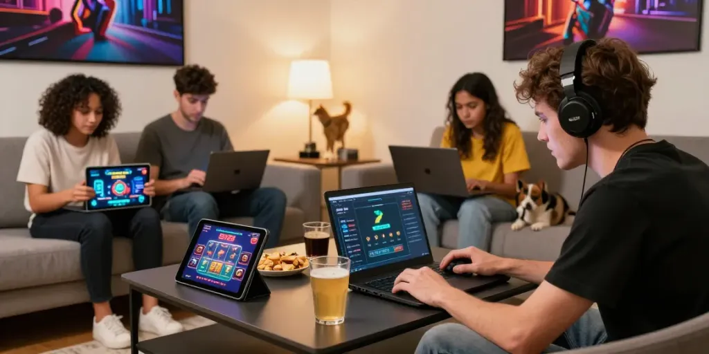 Engaged players enjoying SV88 online gaming in a lively living room.