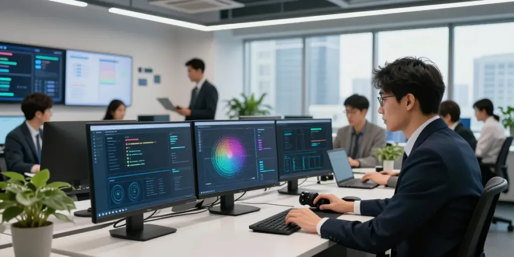 IT-Sicherheitsdienstleister in professionellem Büro bei der Arbeit mit Sicherheitssoftware.