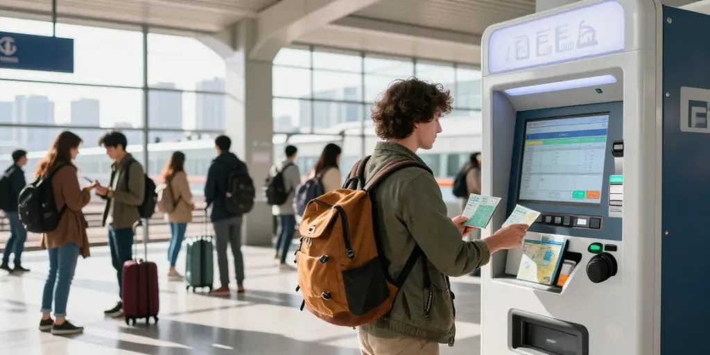 Zugticket für eine einfache Fahrt am modernen Bahnhof kaufen, vielfältige Reisende, helle Umgebung.