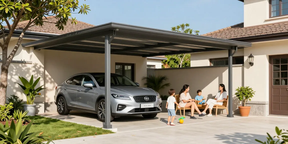 Moderne Carport-Umgebung mit Familie und entspannter Atmosphäre im Garten.