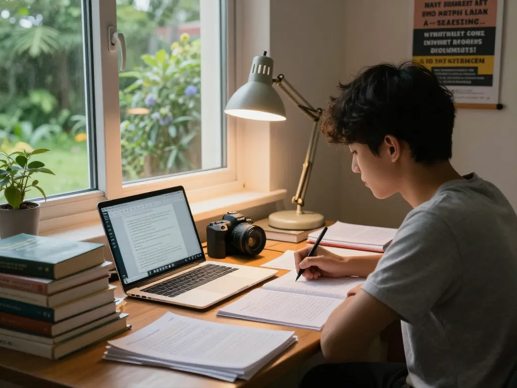Student verwendet die Hausaufgaben Löser Software in einer gemütlichen Lernumgebung, umgeben von Büchern und Notizen.