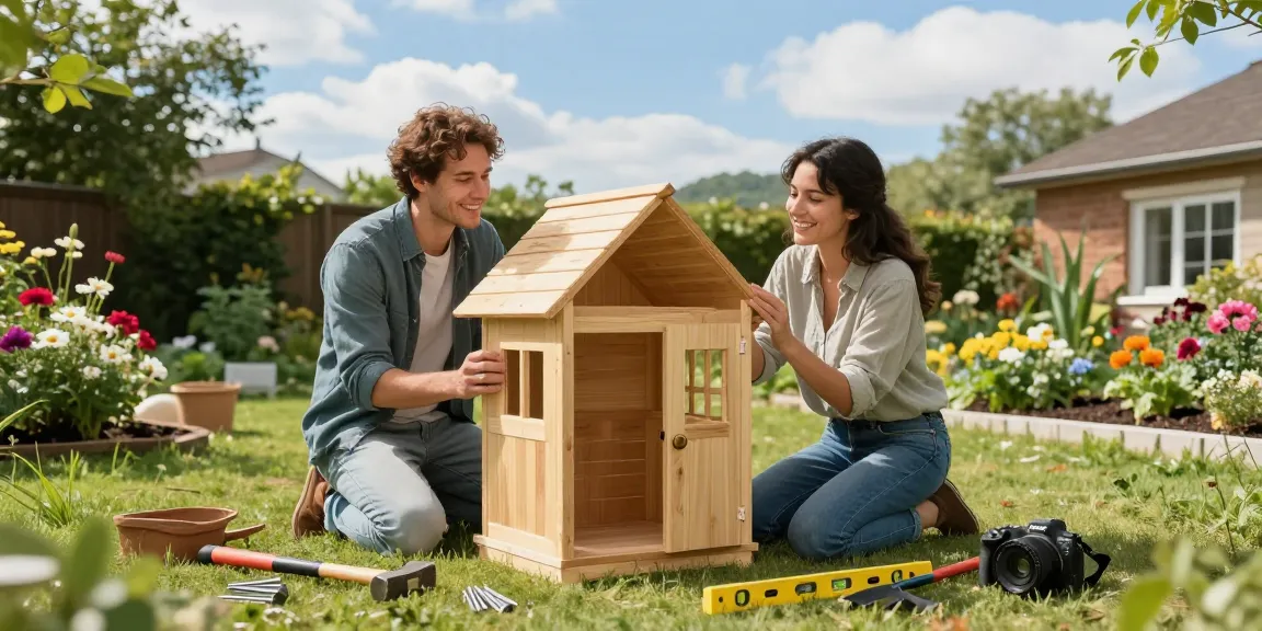 Gartenhaus kaufen: Paar arbeitet gemeinsam an einem Holz-Gartenhaus im blühenden Garten, umgeben von Werkzeugen.
