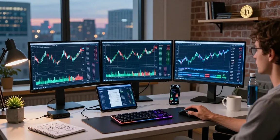 Edimakor Video Editor im Einsatz in einem modernen Krypto-Trading-Büro mit Bitcoin- und Ethereum-Charts.