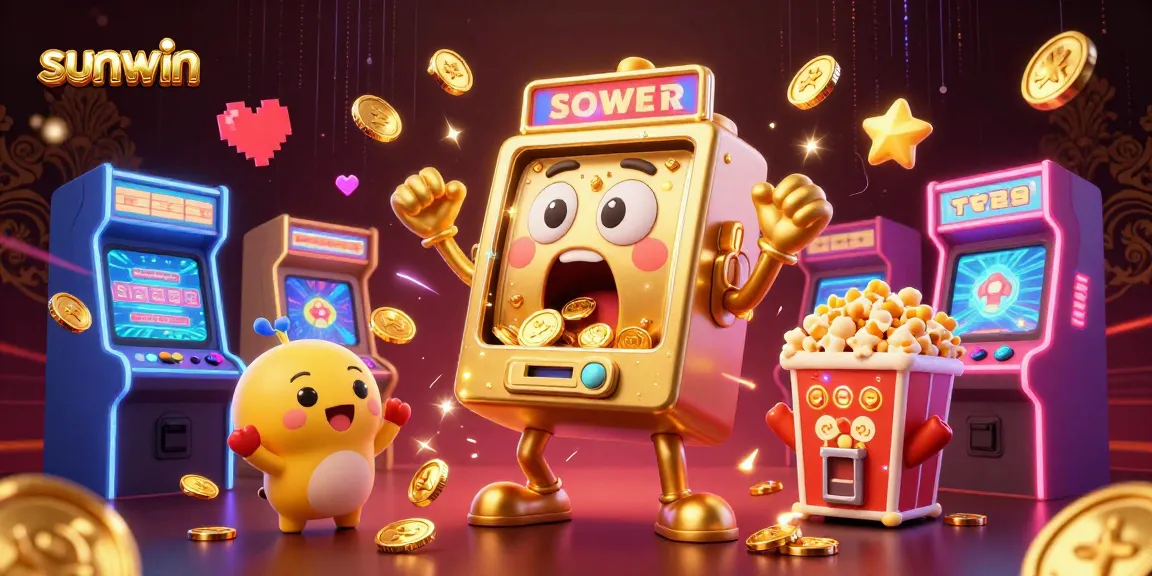 Experience the thrill of sunwin with a cartoon slot machine hitting a jackpot surrounded by cheering machines.