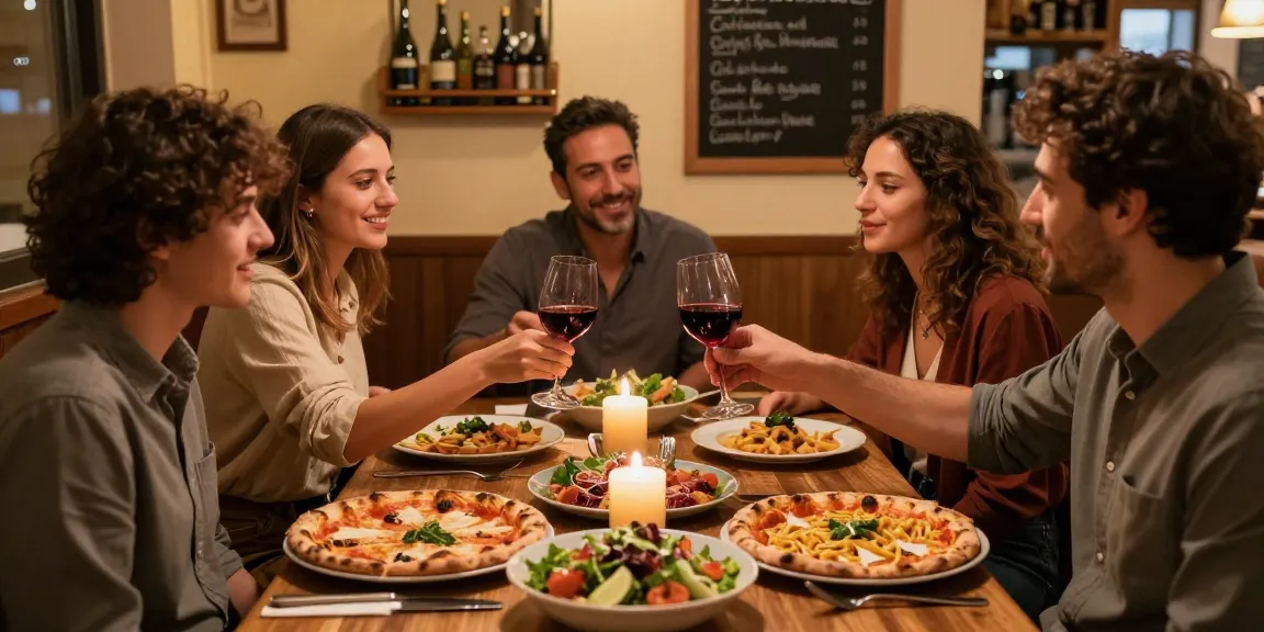 Group enjoying pg soft pizza at a cozy Italian restaurant