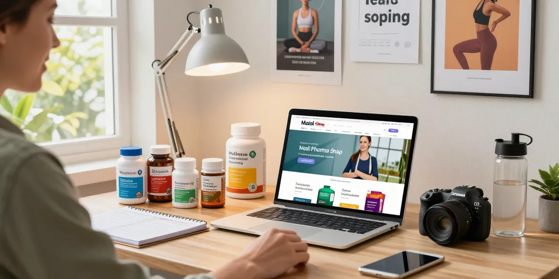 Kunde erkundet die Website des Medi Pharma Shops nach hochwertigen Gesundheitsprodukten in einem gemütlichen Home-Workspace.
