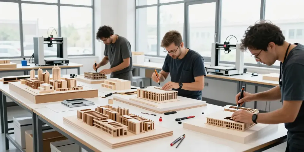 Präziser Architekturmodellbau in den Niederlanden mit Handwerkern, die an Modellen arbeiten.