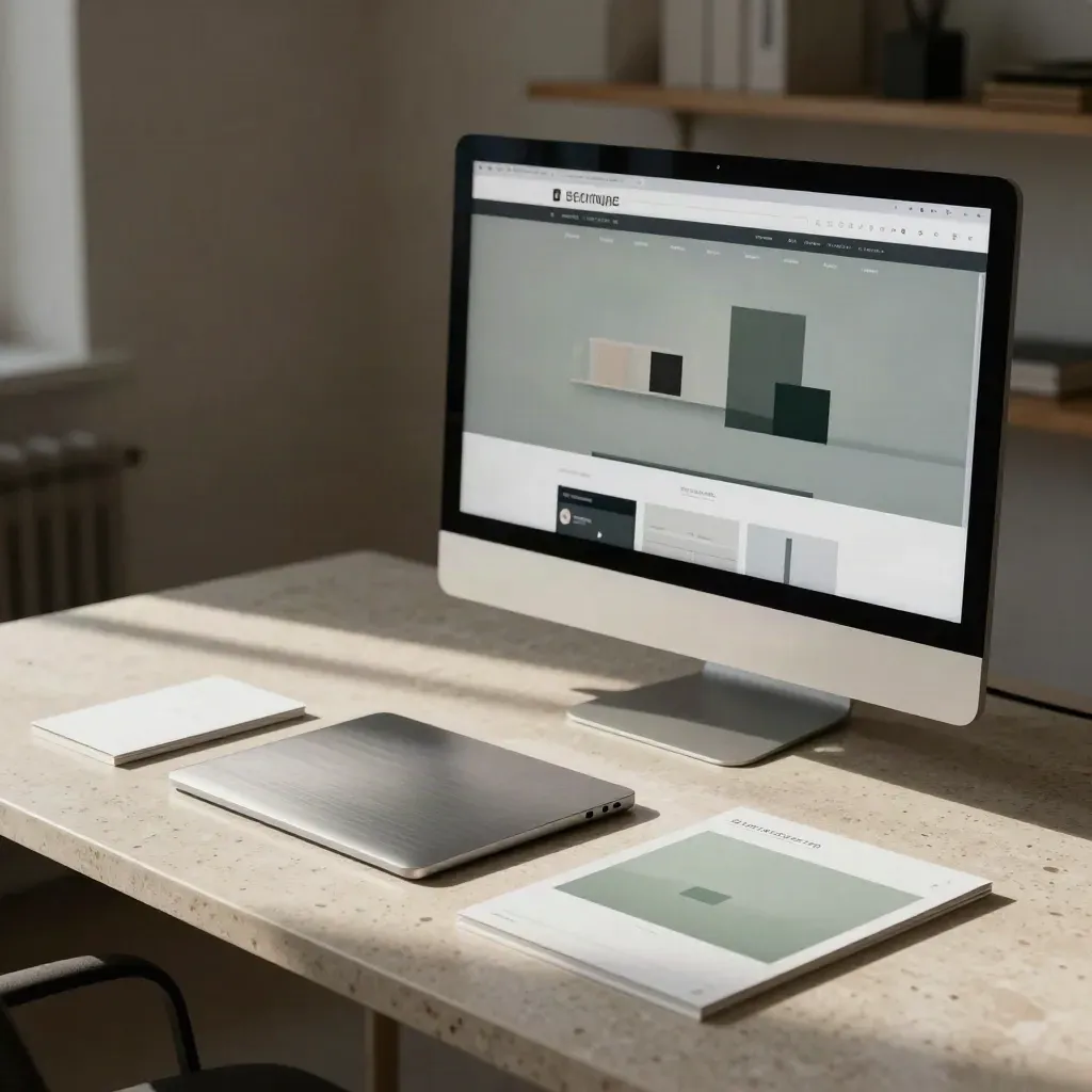Schräger Monitor mit Webdesign-Mockup, Layoutkarten und Trackpad im Studiolicht.