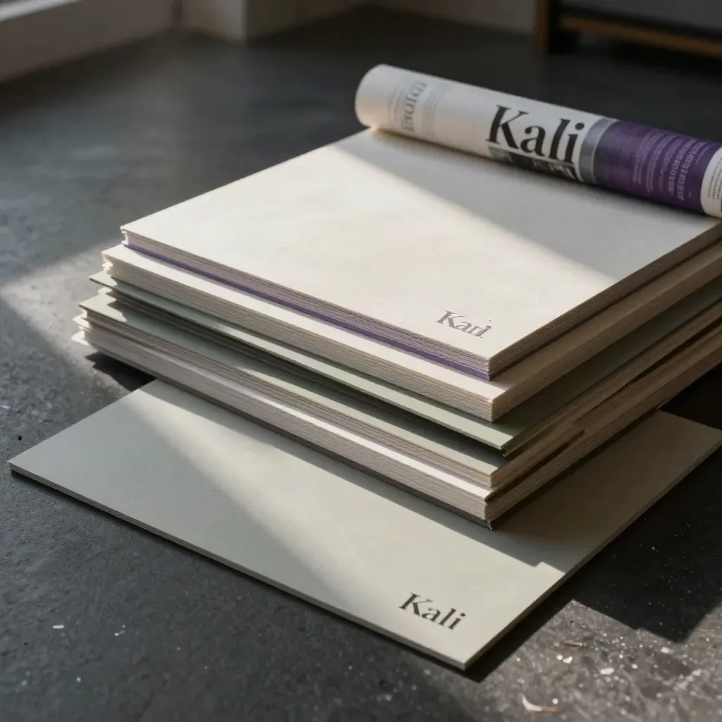Branding-Materialien auf dunklem Boden im dramatischen Morgenlicht mit violettem Akzent.