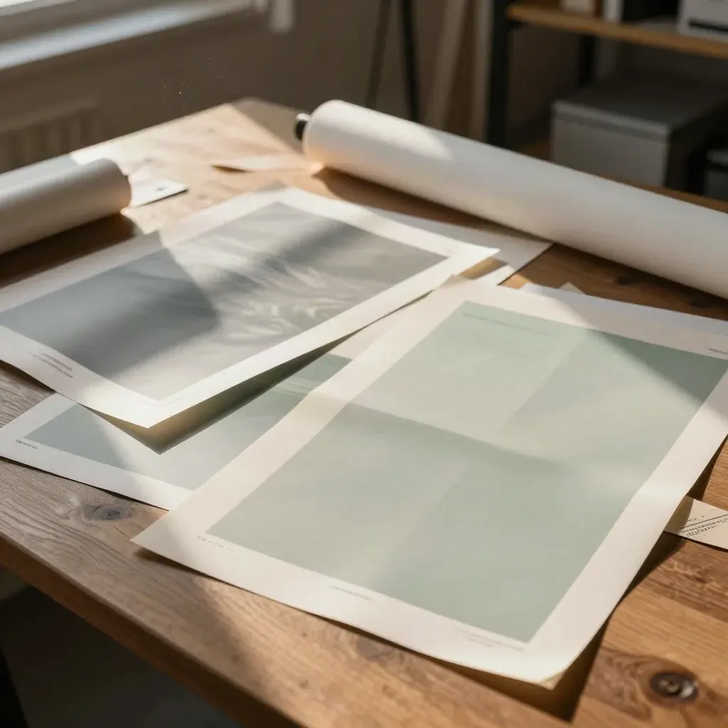 Überkopf auf einem Studiotisch: Kampagnenprints, Bannerrolle und Mockupbögen im warmen Fensterlicht.