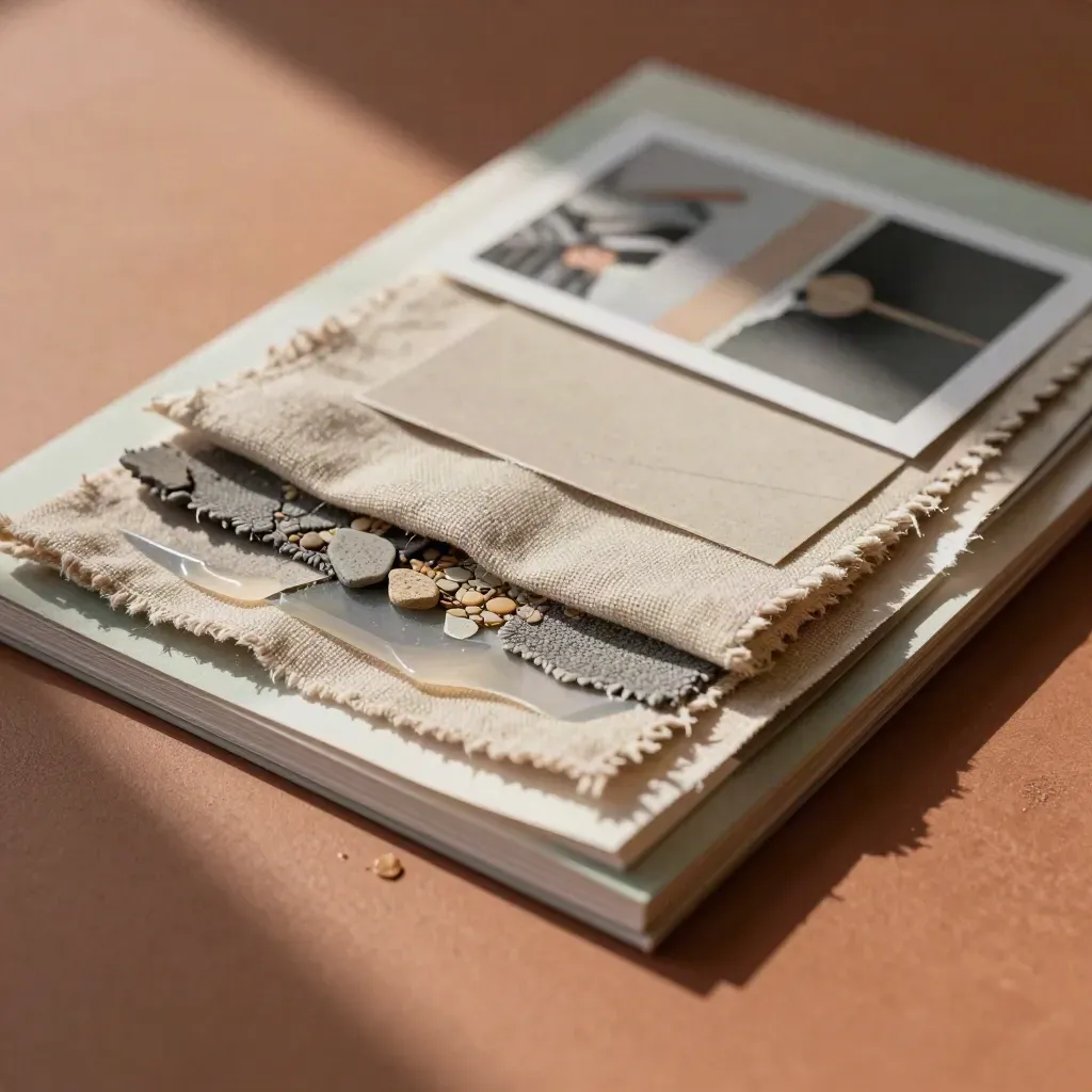 Moodboard mit Stoffmustern, Steinsamples und transparenten Farbfolien auf einem Sampleboard.