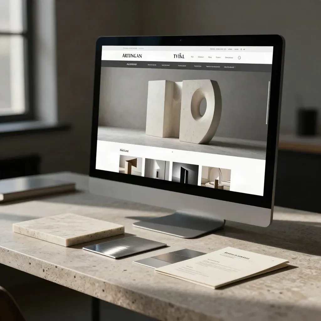 Architekturbüro-Website auf schrägem Monitor neben Modellvolumen und Steinmuster im Studiolicht