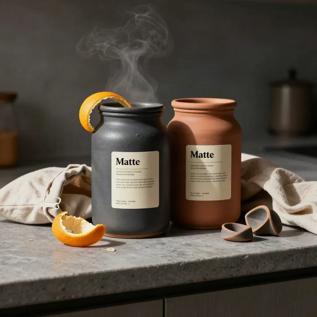 Dramatisches Stillleben mit Jars, Pouch, Zitrusschale, Leinen und Keramik auf dunklem Stein.