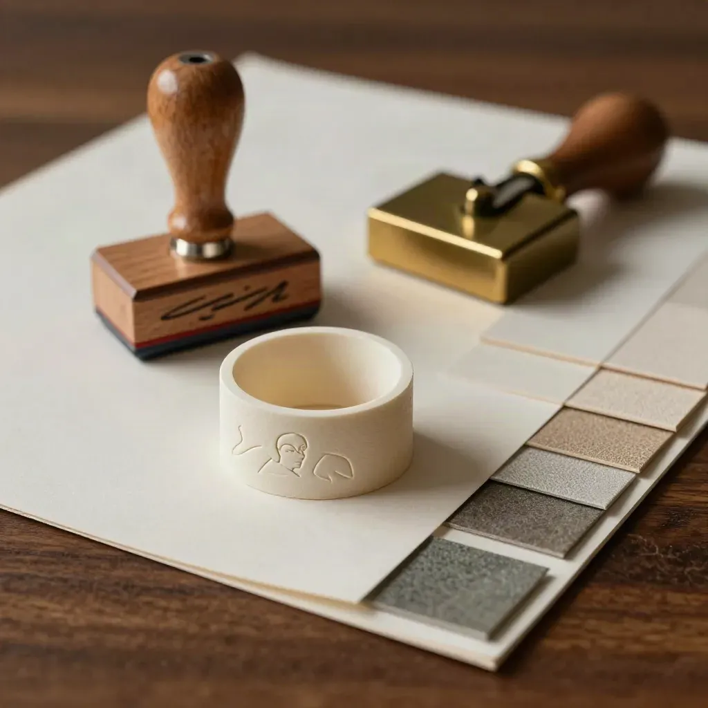 Papiermuster, Stempel und Messingpresse auf dunklem Holz, dramatisch ausgeleuchtet.