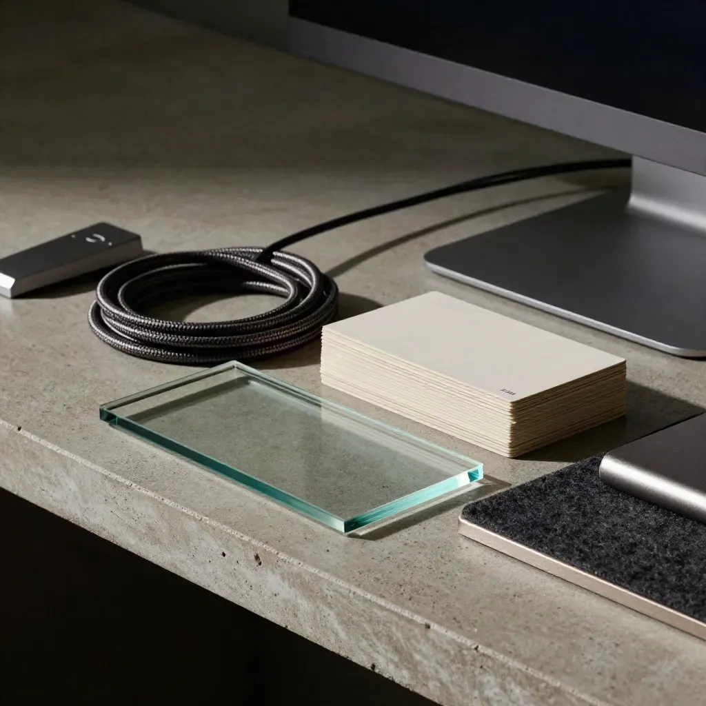 Glas-Trackpad, Kabelrolle und Monitorfuß in einer technischen Webdesigner-Szene.