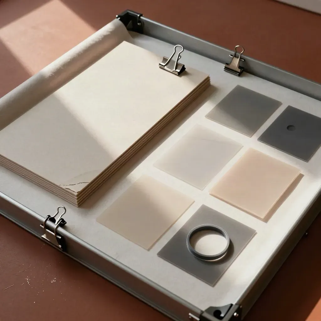 Überkopf-Flatlay eines Location-Kits mit Diffusionsstoff, Klammern, Foamcore und Gelproben.