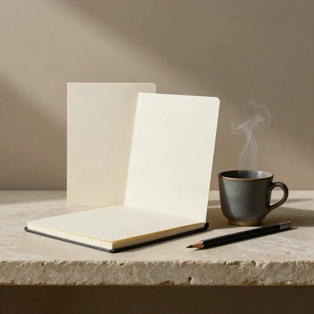 Minimales Stillleben mit Karten, geschlossenem Notizbuch, Tasse und Bleistift auf Steinshelf.