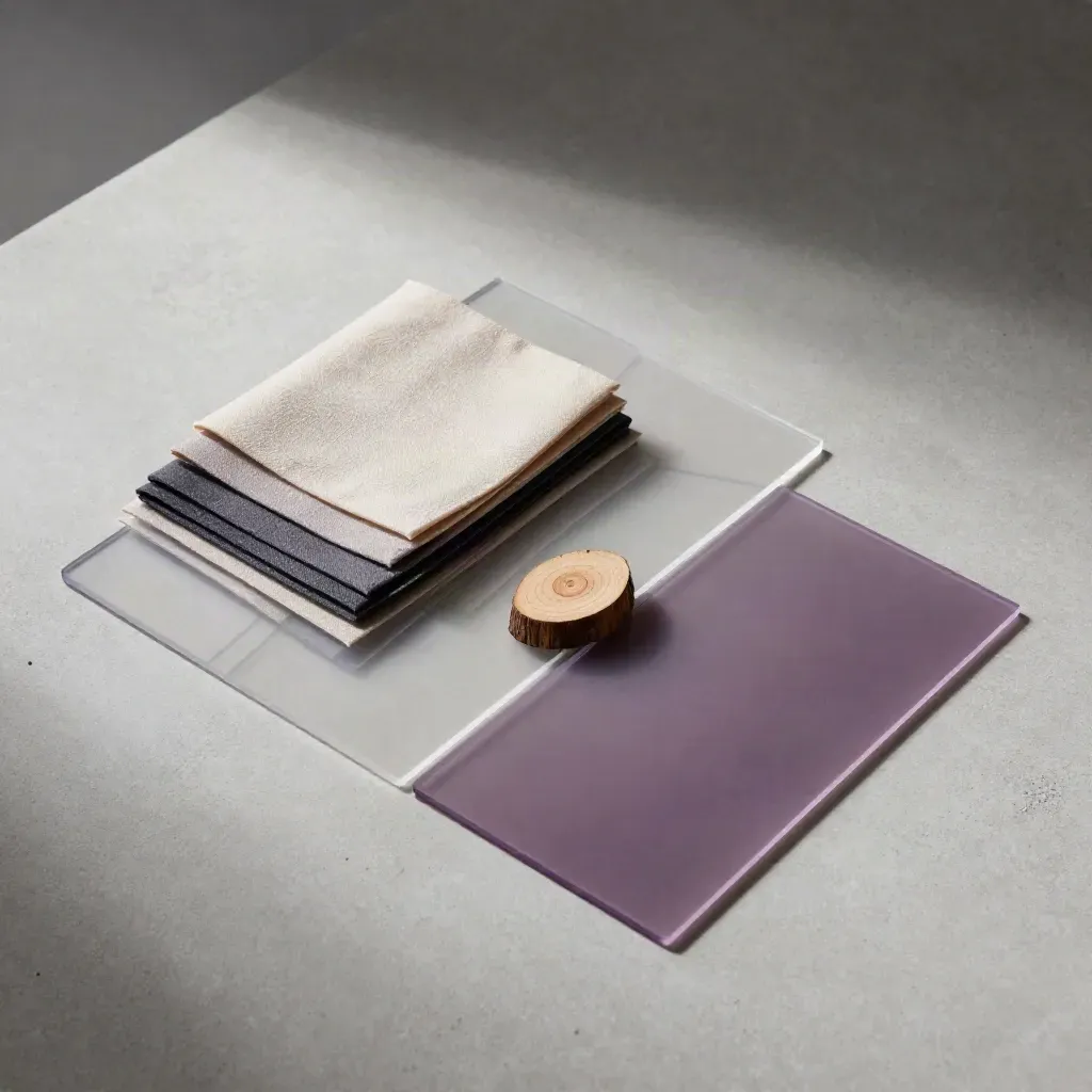 Konzept-Materialien mit Violettakzent auf hellem Beton, von oben sauber arrangiert.