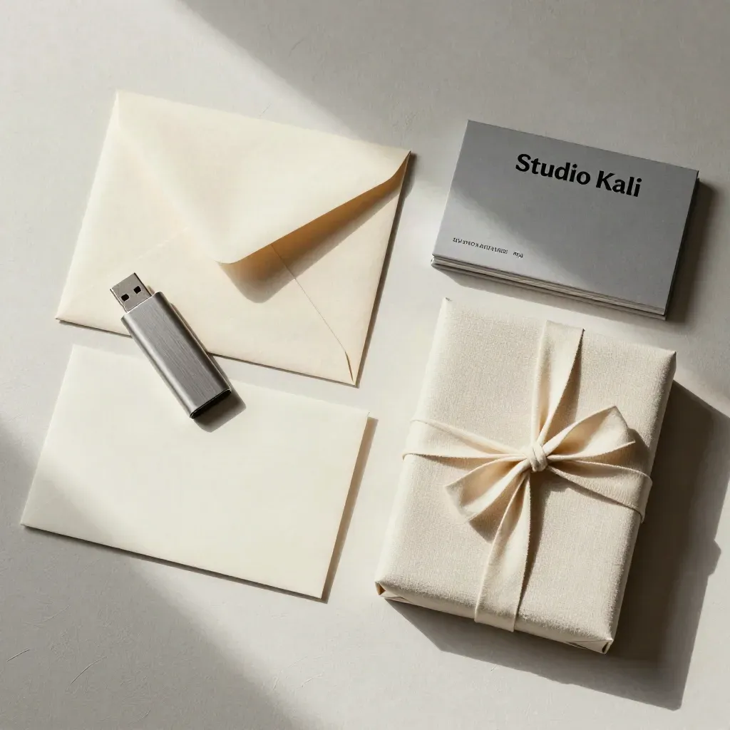 Handoff-Mappe mit USB, Präsentationsboards und Portfolio-Box auf hellem Putzgrund.