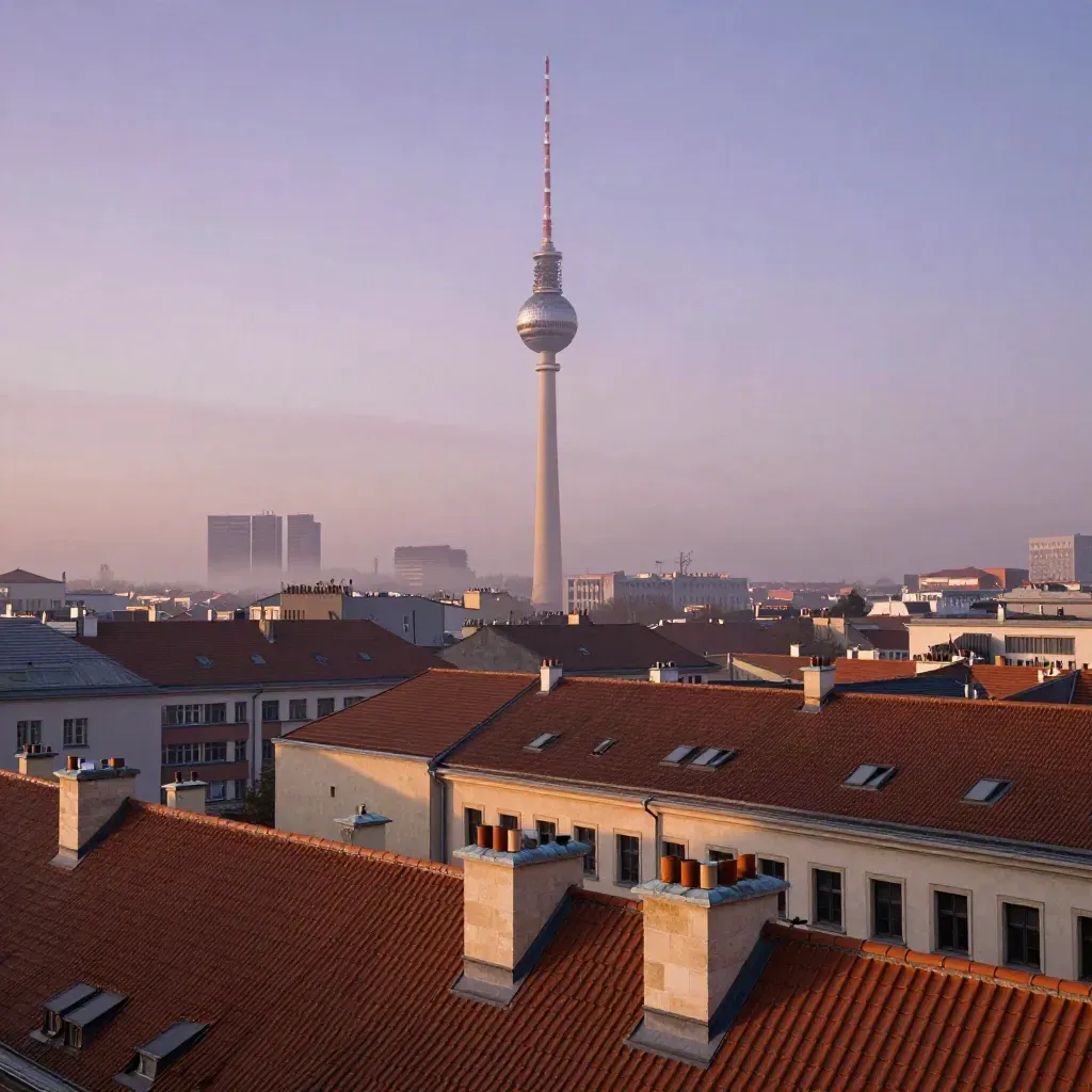 Berliner Skyline im Morgenhaze mit Fernsehturm über ruhigen Dächern