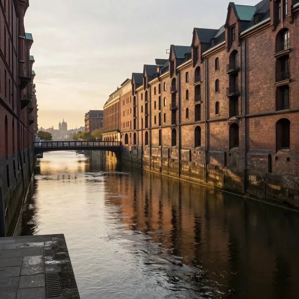 Hamburgs Speicherstadt im goldenen Abendlicht über ruhigen Kanälen mit weiter, heller Copy-Fläche.
