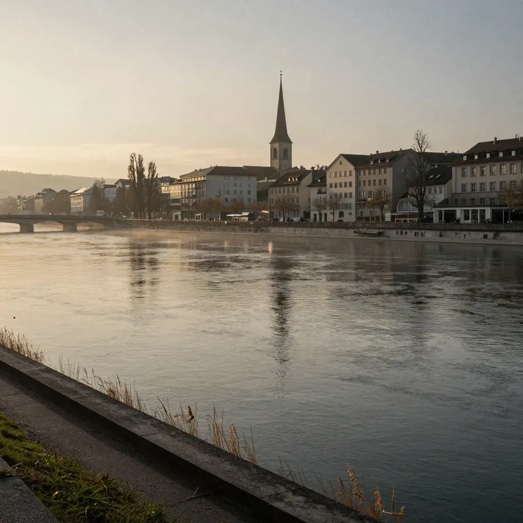 München über der Isar im Abendlicht, mit Dächern und Kirchtürmen im weichen Dunst.