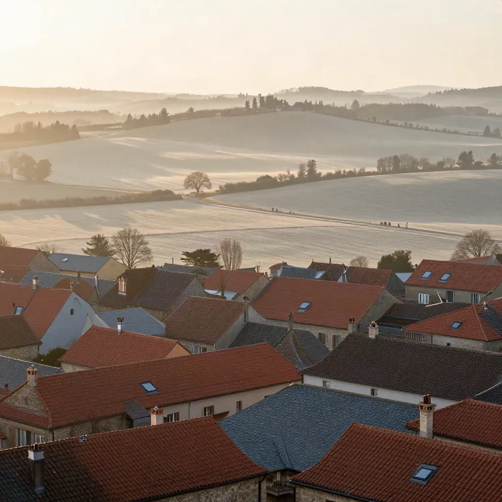 Weite deutsche Dach- und Feldlandschaft im Morgenlicht mit Nebel und ruhiger Fläche.