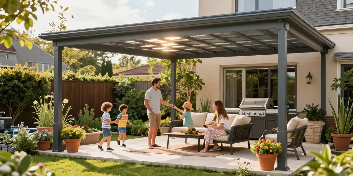 Moderne Terrassenüberdachung in einem Garten mit glücklicher Familie und entspannender Atmosphäre.