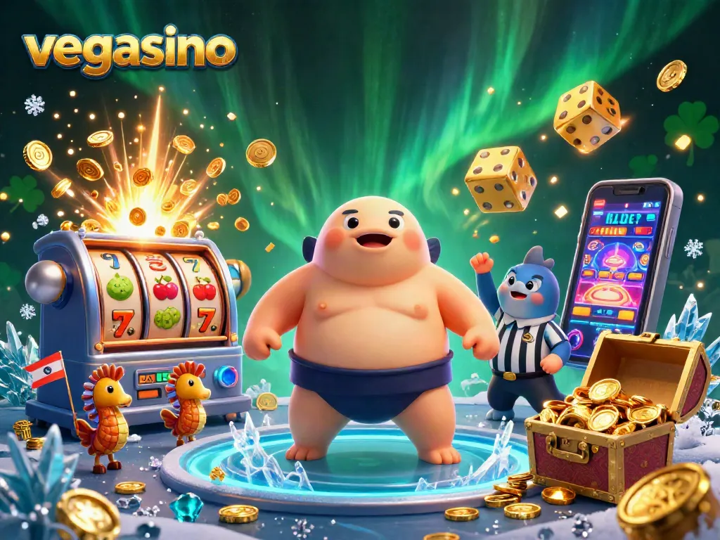 Spin the reels at vegasino with a cartoon fugu surrounded by jackpot excitement and vibrant casino elements.
