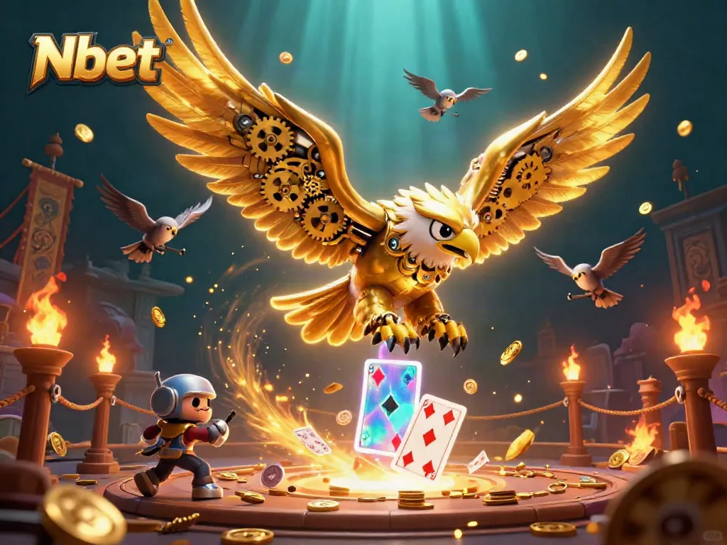 Nbet elevates your gaming with a stunning cybernetic eagle diving through vibrant holographic cards.