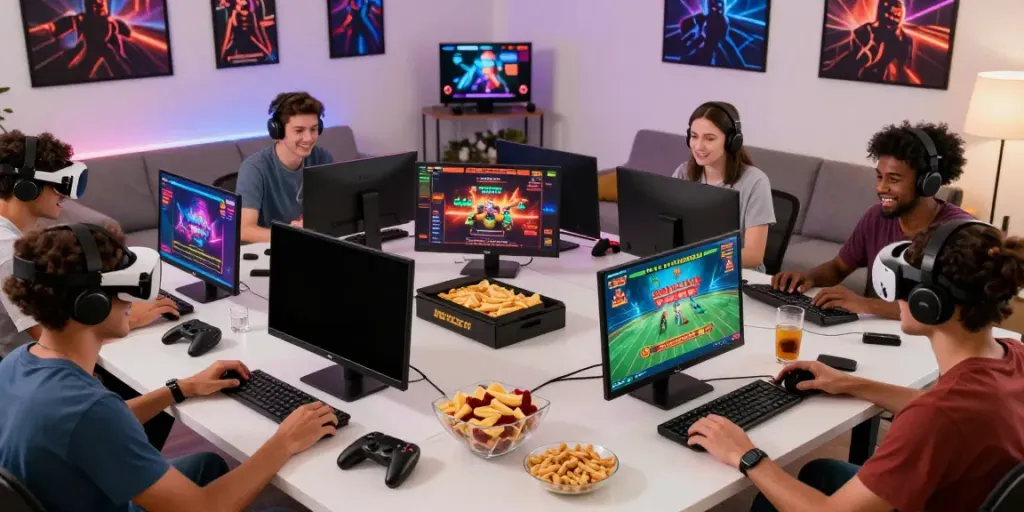 A group of friends enjoying online gaming at home with da88 theme, showcasing various entertainment options.