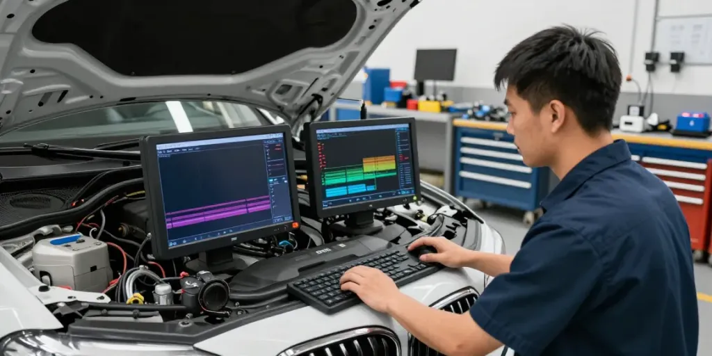 Techniker in einer BMW Werkstatt in Hannover bei der Motordiagnose mit modernem Equipment.