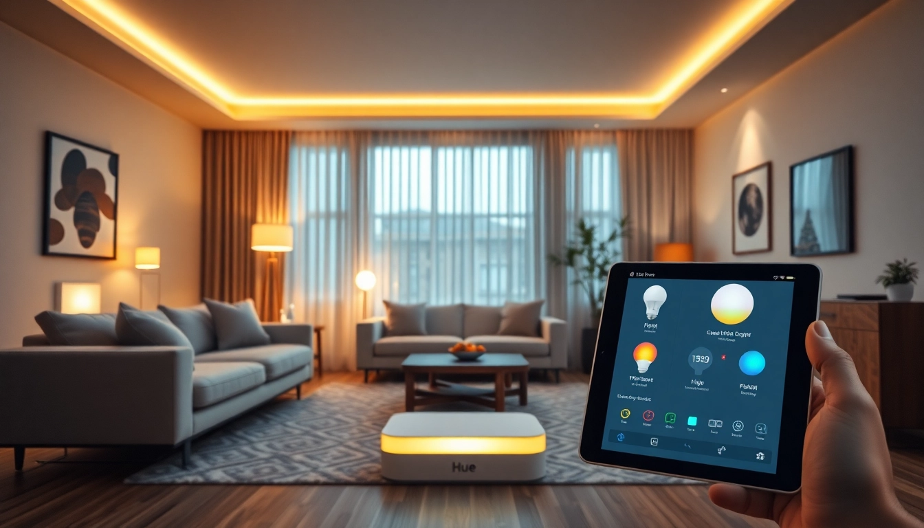 Migrationsprozess des Hue Bridge Pro mit intelligenten Lichtern in einem modernen Wohnraum-Setup.
