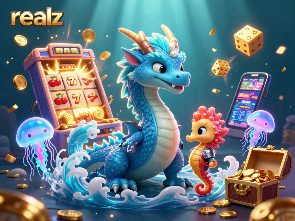 Spiele realz an einer 3D-Slotmaschine mit einem Drachen und einem Seepferdchen-Ritter in einer bunten Unterwasserwelt.