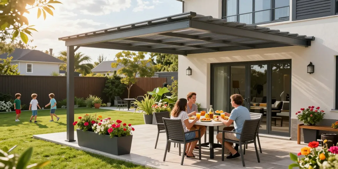 Terrassenüberdachungen aus Aluminium in einem gemütlichen Garten mit Familie beim Essen.