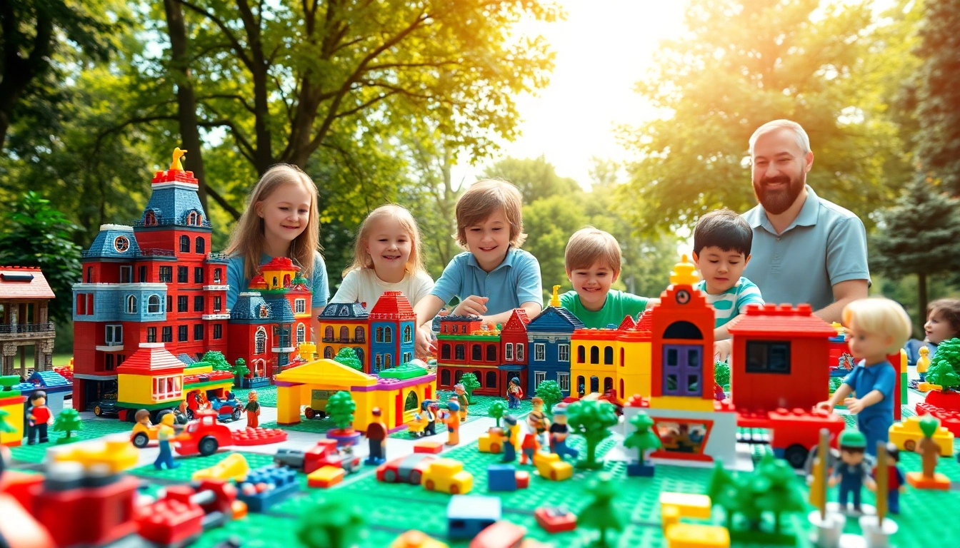 Lego City playground with children and parents enjoying colorful LEGO constructions.