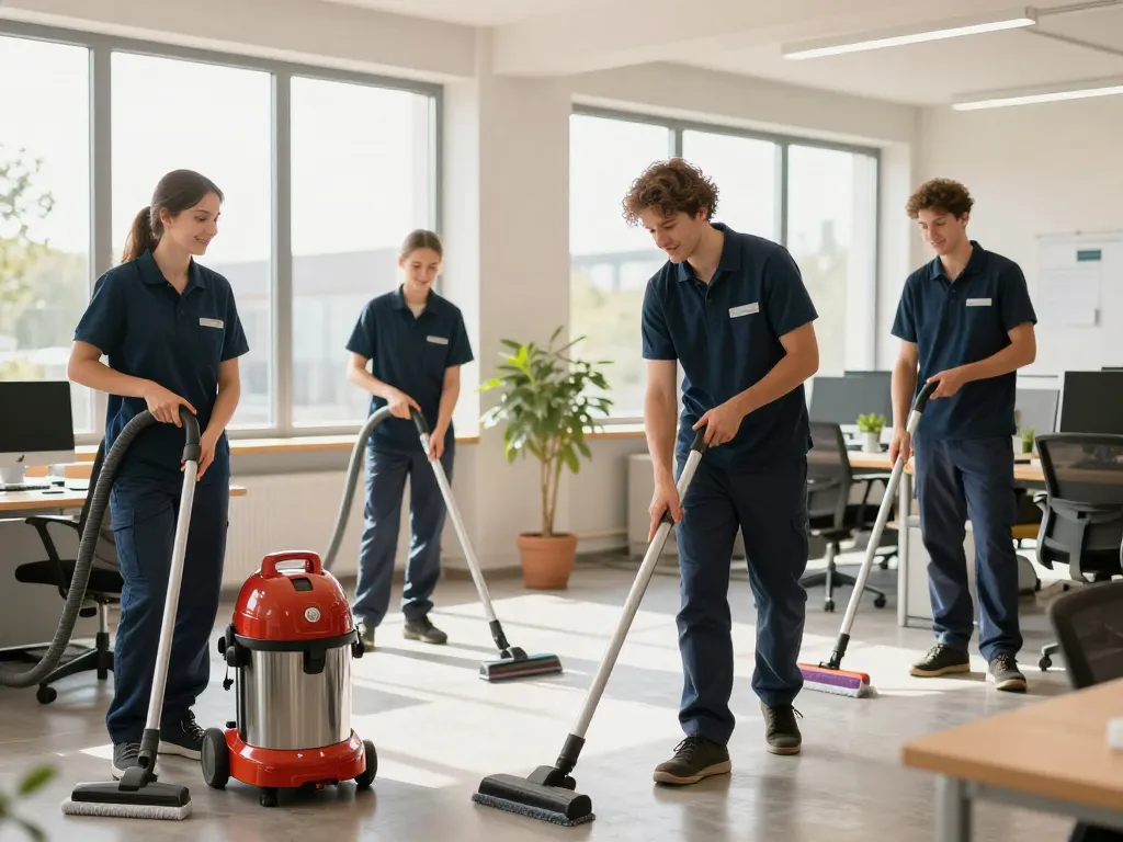 Expertenreinigungsdienste in Emsdetten, die optimale Gebäudereinigung, Teamarbeit und Professionalität in einem hellen Büroumfeld gewährleisten.