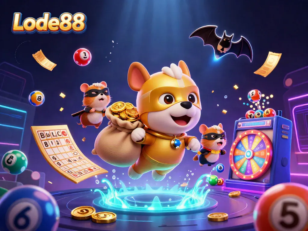 Experience Lode88's vibrant, dynamic gaming world with 3D cartoon characters flying through a colorful casino scene.