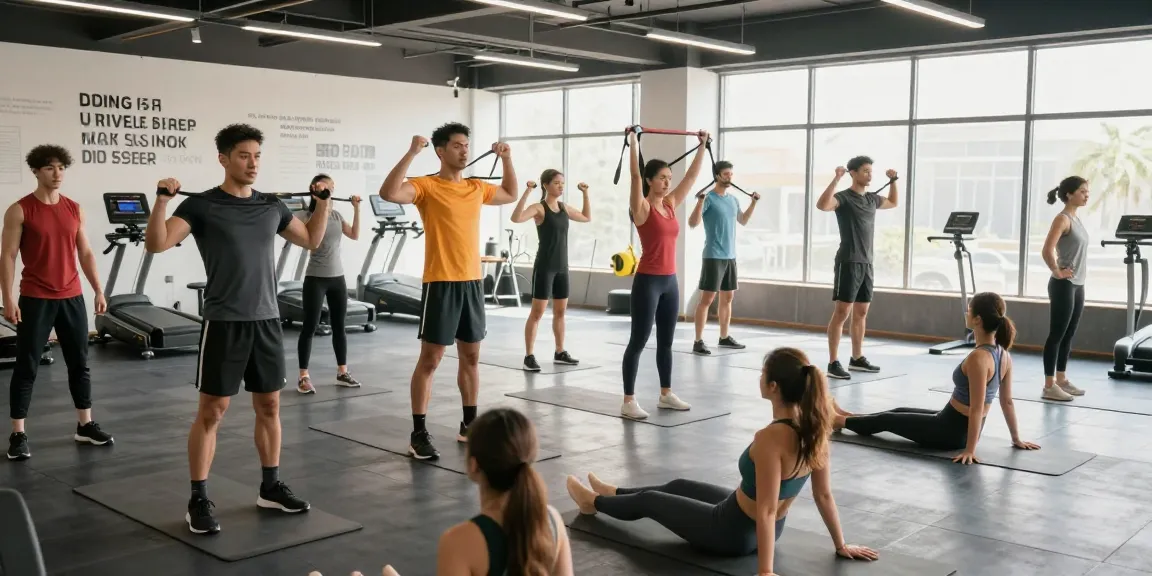 Aktive Fitness-Community im Selliza Shop, starkes Training mit Sportgeräten und motivierender Atmosphäre.