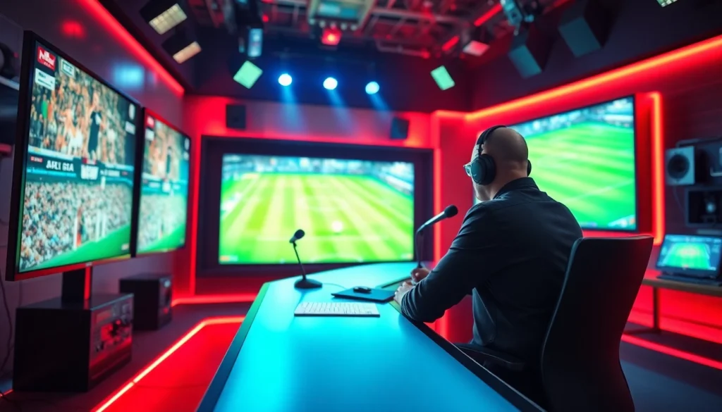 Sports Broadcasting commentator engaging with modern studio equipment.