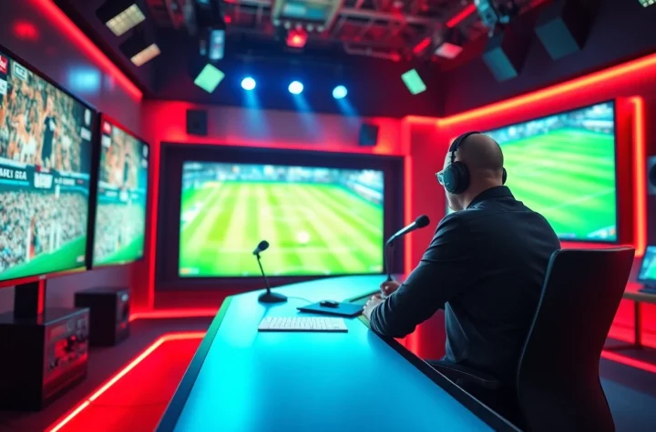 Sports Broadcasting commentator engaging with modern studio equipment.