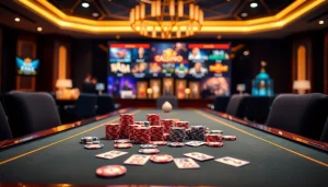 Online kaszinó izgalmas játéktér középpontjában élénk zsetonokkal és kártyákkal.