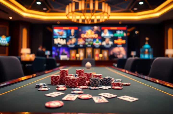 Online kaszinó izgalmas játéktér középpontjában élénk zsetonokkal és kártyákkal.