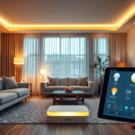 Migrationsprozess des Hue Bridge Pro mit intelligenten Lichtern in einem modernen Wohnraum-Setup.