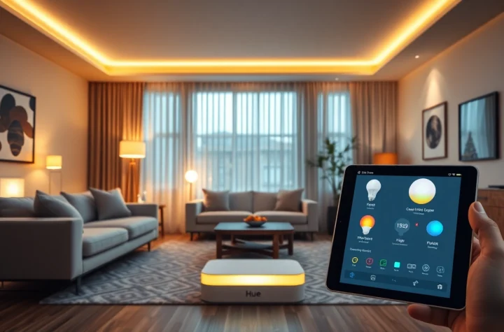 Migrationsprozess des Hue Bridge Pro mit intelligenten Lichtern in einem modernen Wohnraum-Setup.